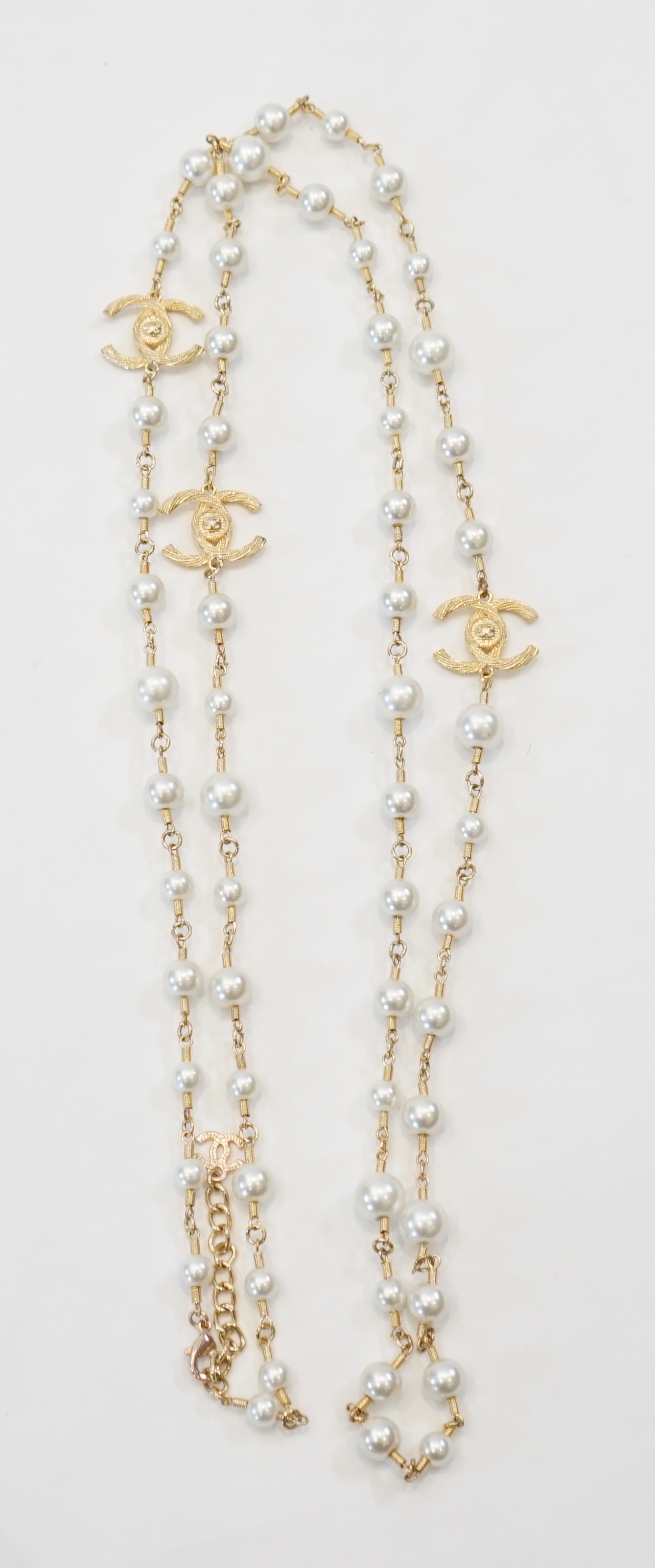 A Chanel gold plated 3 CC scatter pearl long necklace full length 160cm (63')